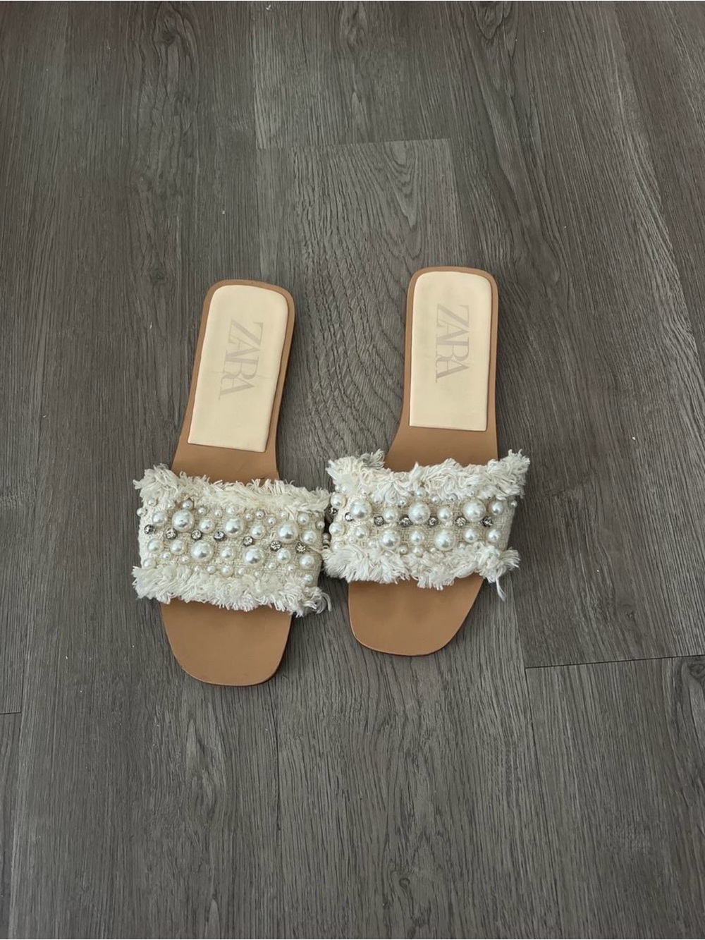 Zara Cream Pearl-Embellished Fringe Slide Sandals